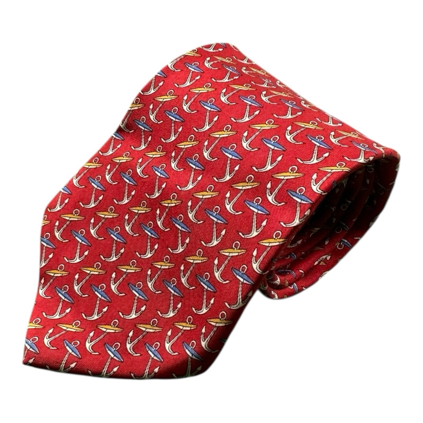 Salvatore Ferragamo Red Anchor Aop Pure Silk Mens Tie 35 Inch Width Nwt
